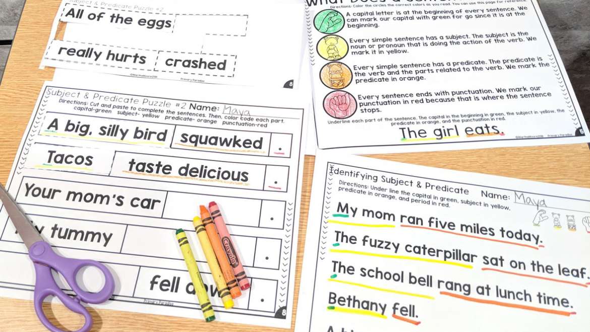 Subject and predicate are a great tool to teaching sentence structure! Using this hands on, simple, and new method, students can use a stop light technique to learn to identity and write complete sentences to improve writing.