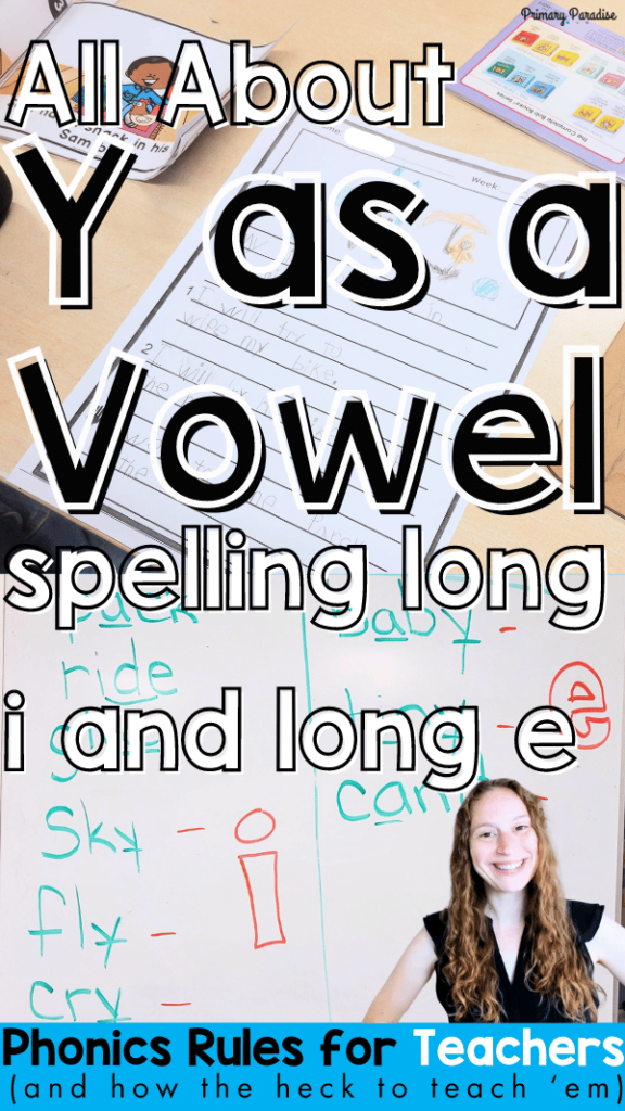 all about y as a vowel spelling long i or long e at the end of a word in English- phonics rules for teachers