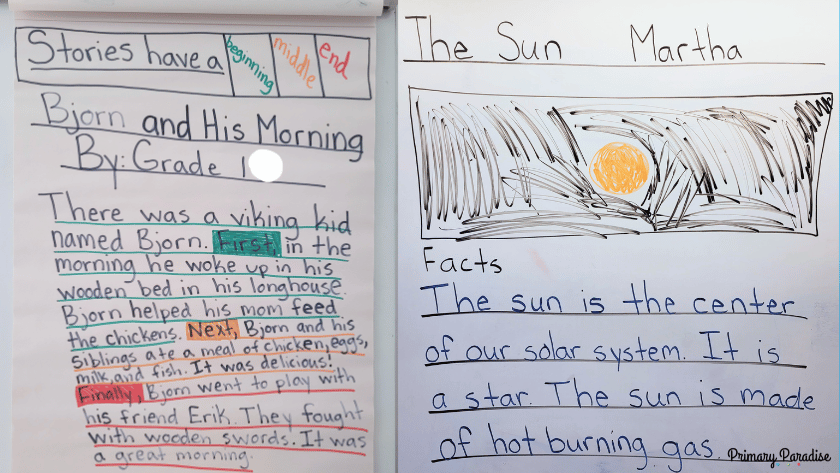 Two examples of writing written by a teacher and students together