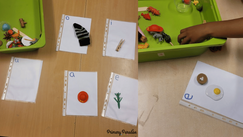 short vowel sound sort with small objects matching to short vowel sounds