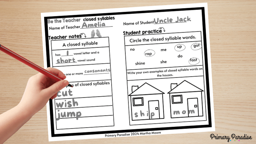 a "let them be the teacher" practice page for closed syllables