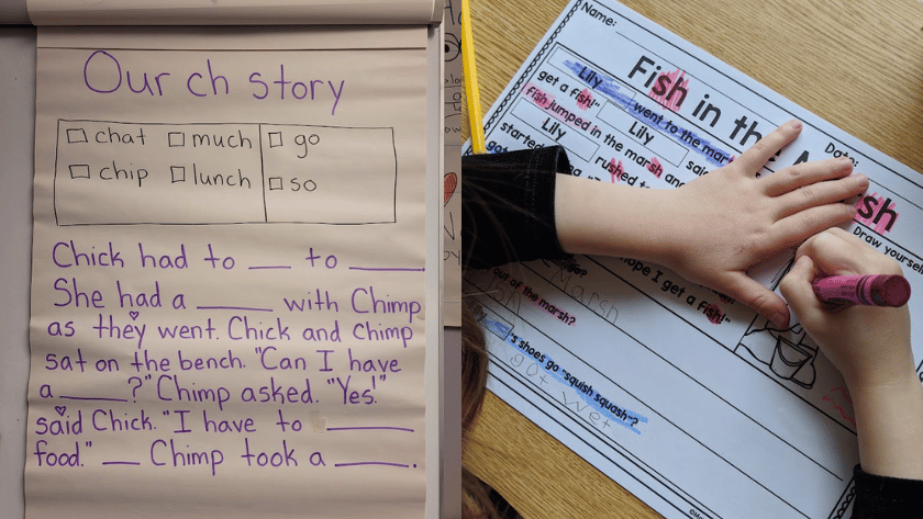 A double picture: on the left, a ch story on chart paper with decodable ch words. On the right, a sh reading passage