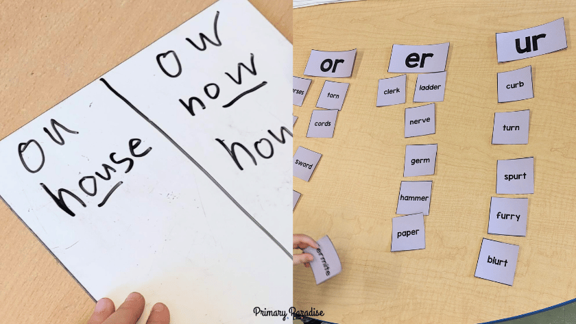 an ou and ow word sort with the word house and an r controlled word sort