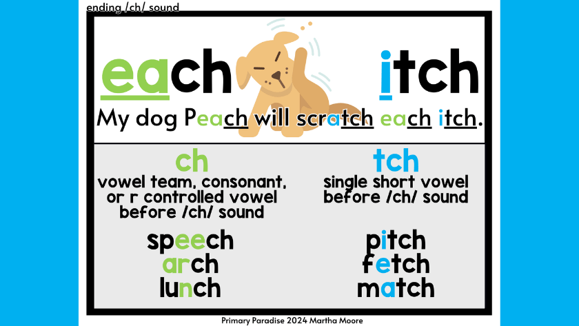 each itch poster "my dog peach will scratch each itch. ch- vowel team, consonant, or r controlled vowel before /ch/ sound. tch- sing short vowel before /ch/ sound