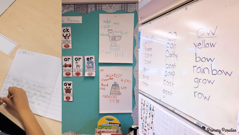 A collage of vowel team work- first picture is an aw targeted journal entry, the second is oi and oy posters created by students, and the third is o_e, oa, and ow words on a white board