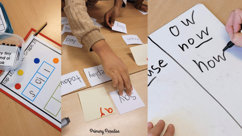 a collage of students practicing with vowel teams- word mapping the word soil, sorting long a words, sorting ou and ow words