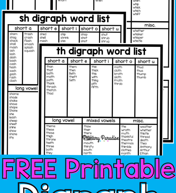 A picture of the word lists with the text free printable digraph word ...