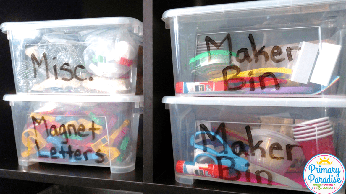 Looking for the perfect storage bins for manipulatives and other classroom supplies? These bins with lids from oriental trading are the perfect choice! Plus, learn how to use them for a portable maker space for early finishers.