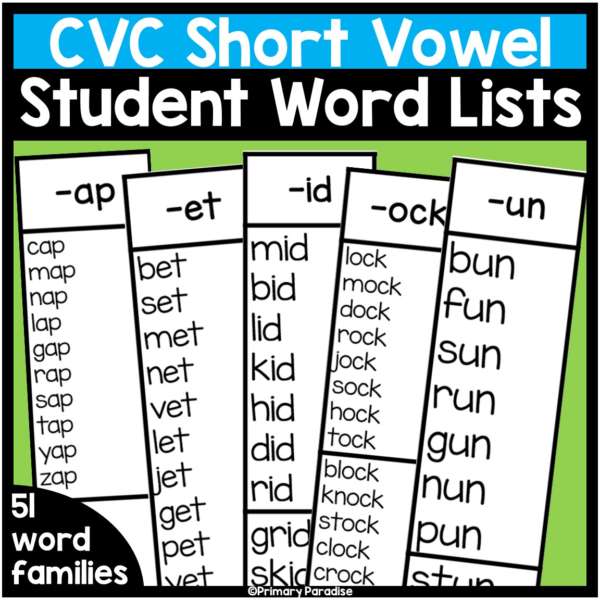 CVC Word Lists For Students Printable Short Vowel Word Families