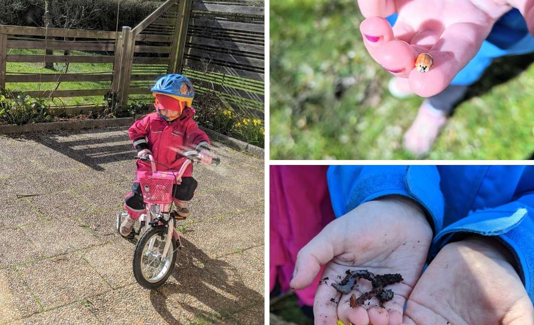 collage: left: little girl on a bike, top right girl with a lady bug, bottom right little girl holding worms