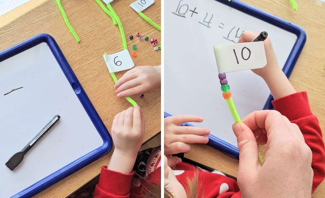 little girl slides beads on a pipe cleaner with the number 6 on top (left) (right) a pipe cleaner with the number 10 on top and 4 beads on it